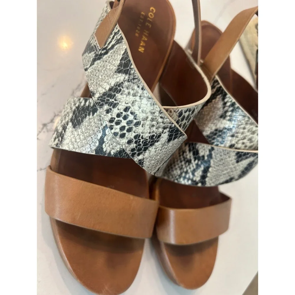 Cole Haan‎ Wedge Sandals Tan Snakeskin Embossed Leather Strappy Platform W01191
